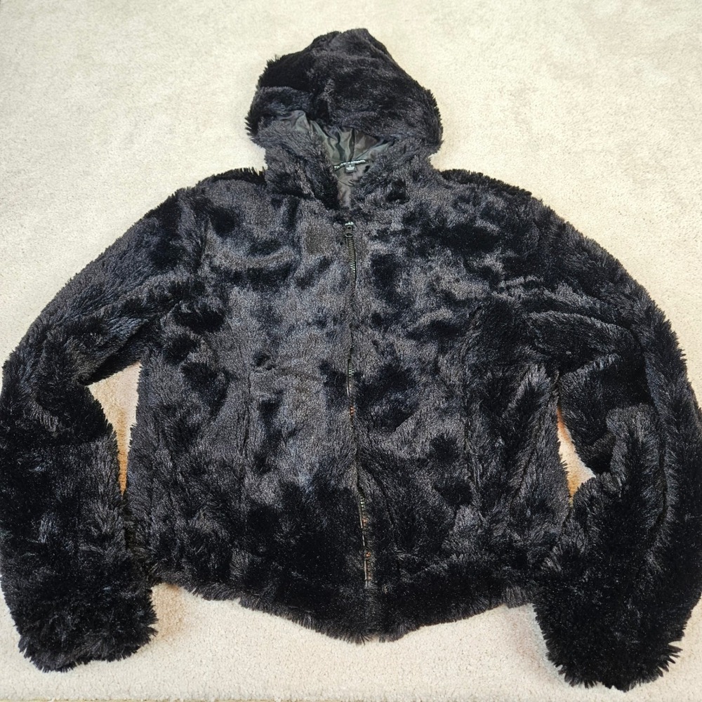 Fashion Nova Black Faux Fur Hooded Jacket Cozy Streetwear Fluffy Clubwear Size S